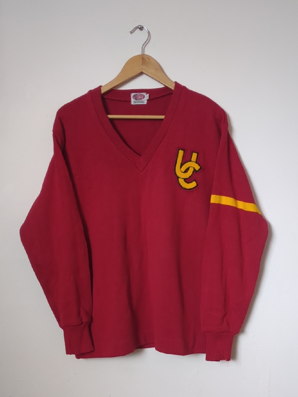 Vintage Varsity V-neck Sweater Red and Yellow